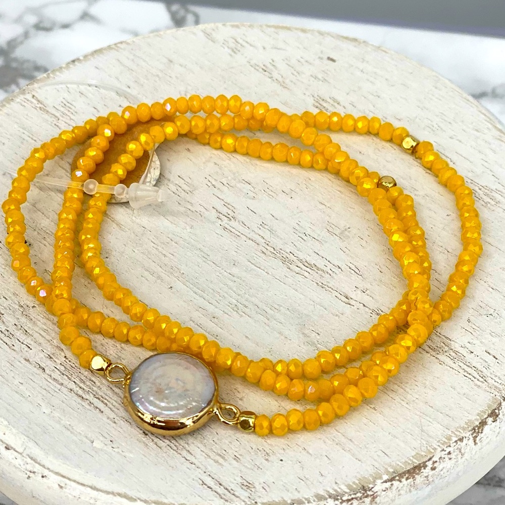 NEW Mustard yellow beaded stone stretch bracelet set